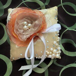 Bridal Wedding Ring Pillow with beads & faux flower. Sand color. Ameynra design